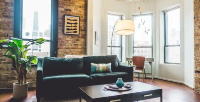 Contemporary living room with elegant decor and cozy furniture in urban setting.