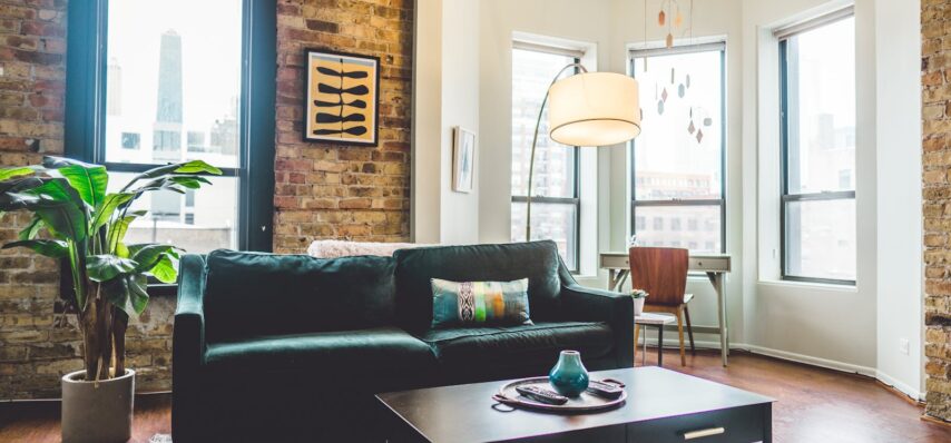 Contemporary living room with elegant decor and cozy furniture in urban setting.