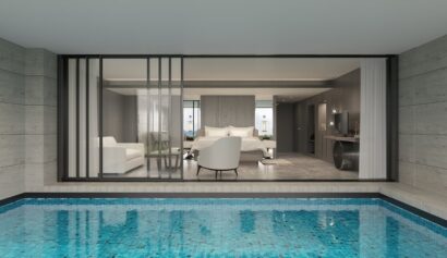 Modern luxury suite in Bodrum overlooking a serene private pool.